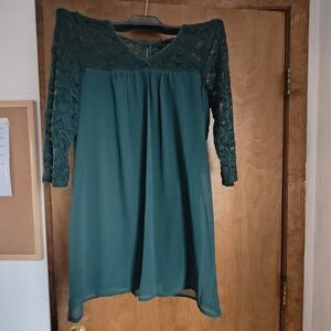 As You Wish Lace Sleeve Shift Dress in Teal